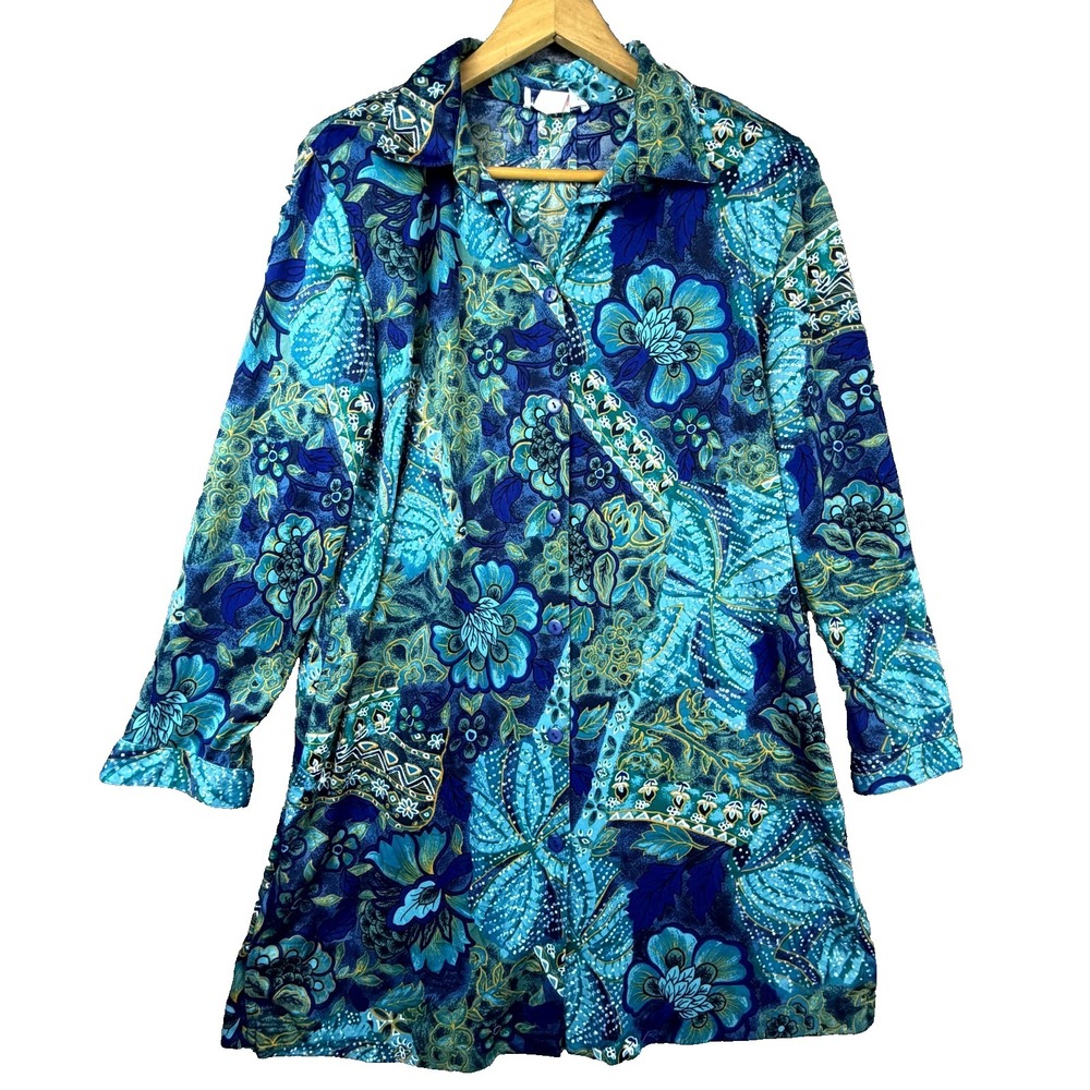 Vintage Top Notch‎ Shirt Dress Womens Large Blue Floral 80s Bold Artsy Resort